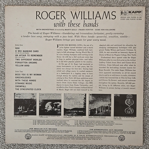 Roger Williams “With These Hands” 1959 Kapp Records KL-1147 - Picture 2 of 6